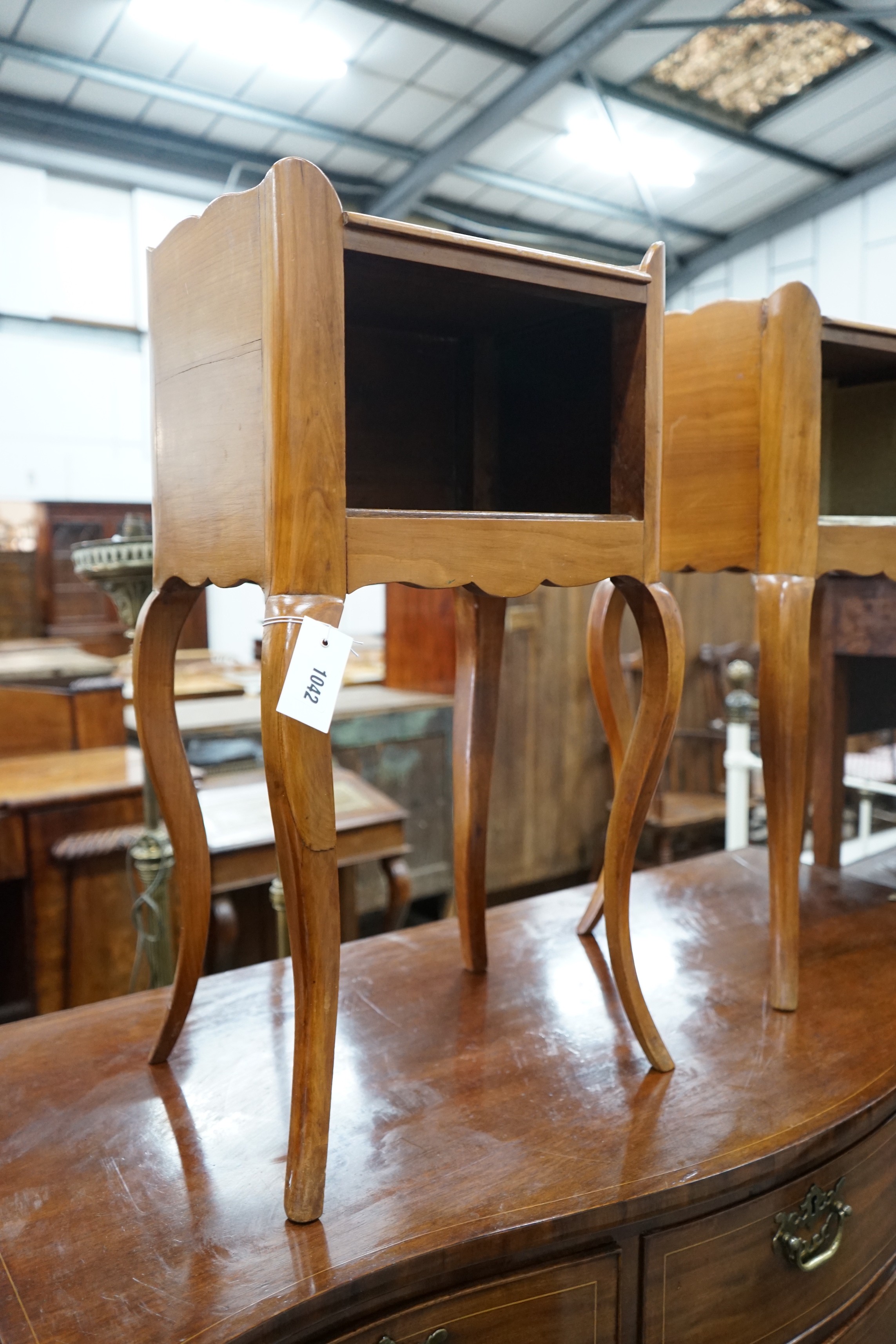 A pair of French style cherry bedside cabinets, width 37cm, depth 28cm, height 69cm